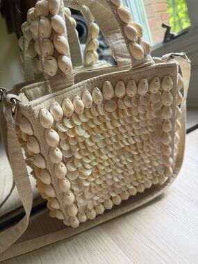 Beaded Shell Accent Cream Crossbody Tote